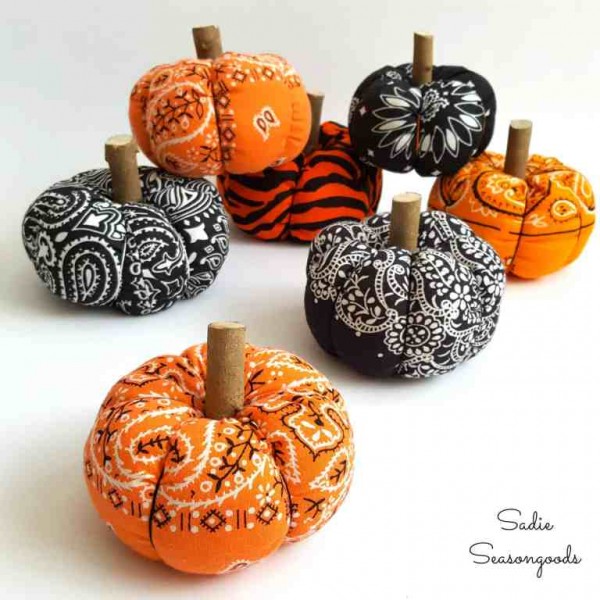 13_vintage_orange_black_bandanas_to_repurpose_upcycle_into_fabric_pumpkins_for_Halloween_by_Sadie_Seasongoods